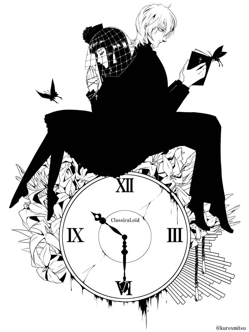 1boy 1girl absurdres back-to-back bible_(object) bug classicaloid clock closed_mouth copyright_name fishnet_veil flower frederic_chopin_(classicaloid) greyscale highres insect kuroxmitsu_kinako lily_(flower) long_sleeves monochrome moth praying roman_numeral rosary short_hair sitting tekla_badarzewska-baranowska_(classicaloid)