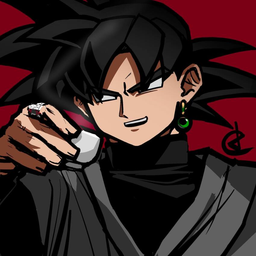 1boy black_bodysuit black_eyes black_hair bodysuit cup dougi dragon_ball dragon_ball_super earrings goku_black holding holding_cup jewelry ldrcrest long_sleeves looking_to_the_side open_mouth potara_earrings ring saiyan smile solo spiked_hair teacup