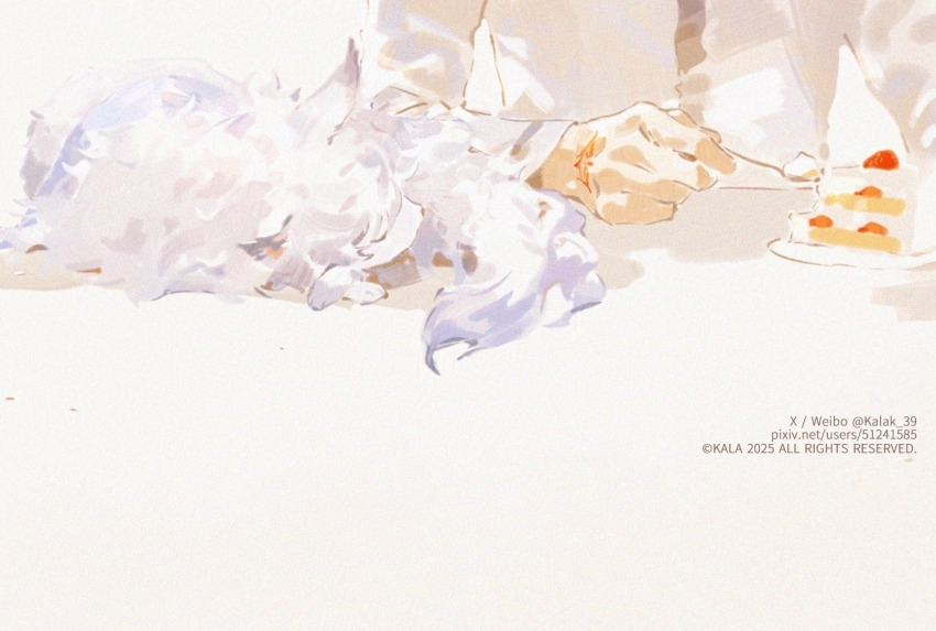 1boy animal cake cake_slice cape command_spell copyright_notice fate/grand_order fate_(series) food fou_(fate) fruit fujimaru_ritsuka_(male) holding holding_spoon kalak_39 pixiv_username sleeping_animal spoon strawberry strawberry_cake tail twitter_username white_fur