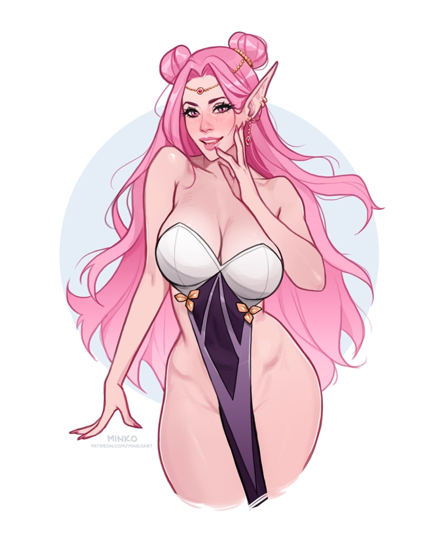 1girl artist_name bare_shoulders blush breasts cleavage collarbone contrapposto cropped_legs double_bun earrings hair_bun highres jewelry large_breasts long_hair looking_at_viewer no_panties olena_minko original parted_lips patreon_username pelvic_curtain pink_eyes pink_hair pink_nails pointy_ears solo very_long_hair watermark web_address
