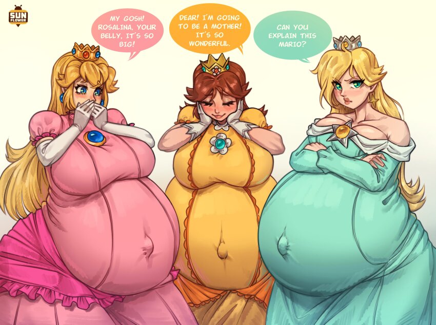 3girls absurdres artist_request bare_shoulders big_belly blonde_hair blue_eyes blush breasts closed_eyes covered_navel crossed_arms crown dress earrings elbow_gloves female_focus gloves highres jewelry large_breasts lips long_hair looking_at_viewer mario_(series) multiple_girls nintendo off-shoulder_dress off_shoulder pregnant princess_daisy princess_peach rosalina speech_bubble sunflowerart super_mario_galaxy