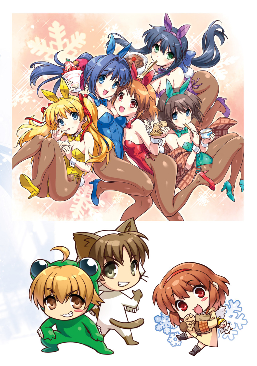 2boys 5girls :d ahoge aizawa_yuuichi alternate_costume angel_wings animal_costume animal_ears aqua_shoes armpit_crease backpack bag bare_shoulders black_hair blonde_hair blue_bow blue_bowtie blue_eyes blue_footwear blue_leotard blush blush_stickers bow bowtie breasts brown_gloves brown_hair brown_pantyhose brown_shawl cat_costume chibi chibi_inset chopsticks chopsticks_in_mouth cleavage closed_mouth coat collar cosplay curvy detached_collar doll expressionless eyelashes eyes_visible_through_hair fake_animal_ears fake_tail floating_hair food food_on_face foot_out_of_frame frog_costume gloves green_bow green_bowtie green_eyes green_leotard grin hair_between_eyes hair_bow hair_intakes hair_ribbon hairband hand_up happy high_heels highleg highleg_leotard highres holding holding_food holding_ice_cream hug ice_cream kanon kawasumi_mai keropii kigurumi kitagawa_jun knees_together_feet_apart large_breasts leotard long_hair long_ribbon looking_at_viewer low_ponytail medium_hair minase_nayuki misaka_shiori mittens multiple_boys multiple_girls non-web_source open_mouth pantyhose parfait pink_background piro plaid_clothes plaid_shawl playboy_bunny ponytail purple_footwear purple_leotard rabbit_ears rabbit_tail red_bow red_bowtie red_eyes red_footwear red_hairband red_leotard red_ribbon ribbon sawatari_makoto shawl shoes short_hair sidelocks simple_background sitting small_breasts smile snowflake_print sparkle standing standing_on_one_leg steamed_bun strapless strapless_leotard strawberry_parfait tail taiyaki tareme thighs thumbs_up tsukimiya_ayu two_side_up v-shaped_eyebrows wagashi white_background white_collar white_wrist_cuffs wings wrist_cuffs yellow_bow yellow_bowtie yellow_coat yellow_leotard yellow_shoes zen_(kamuro)