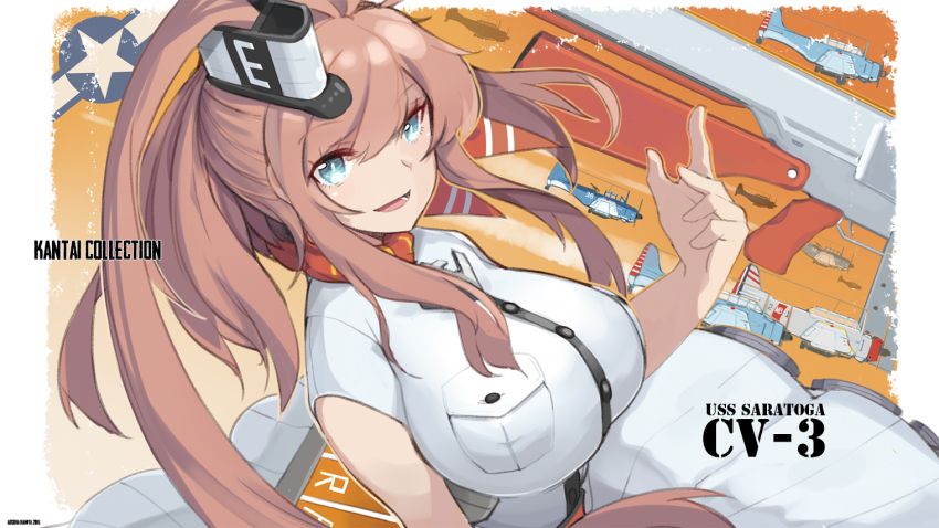 10s 1girl :d aosora_kamiya arm_at_side breast_pocket breasts character_name copyright_name dress dutch_angle female_focus flight_deck hair_between_eyes high_side_ponytail huge_breasts impossible_clothes kantai_collection long_hair looking_at_viewer open_mouth pocket revision saratoga_(kancolle) sbd_dauntless short_sleeves side_ponytail skirt smile smoke smoke_trail smokestack solo striped_clothes striped_skirt tsurime upper_body vertical-striped_clothes vertical-striped_skirt white_dress