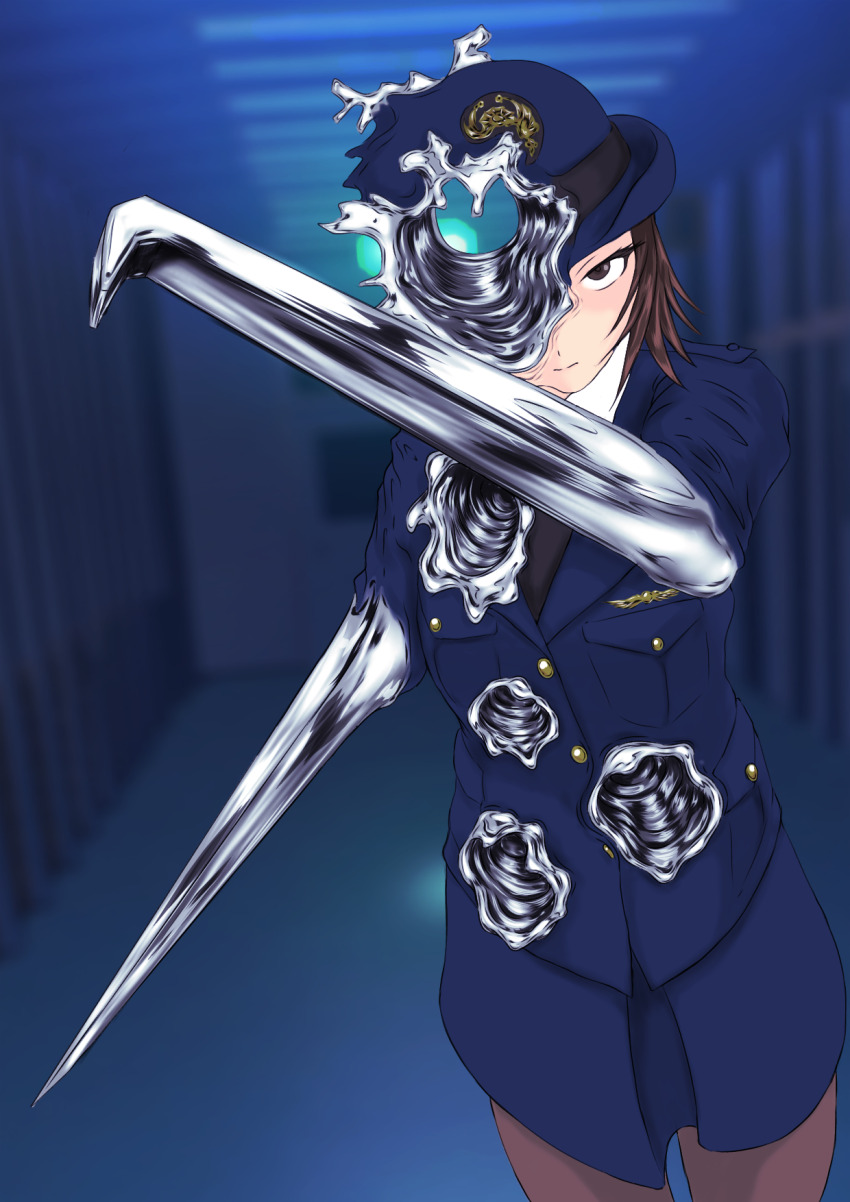 1girl blue_hat blue_jacket blue_skirt blurry blurry_background brown_eyes brown_hair bullet_hole female_service_cap genderswap genderswap_(mtf) hat highres indoors jacket liquidxt1000 looking_at_viewer medium_hair pantyhose police police_uniform policewoman skirt solo t-1000 terminator_(series) terminator_2:_judgment_day upper_body