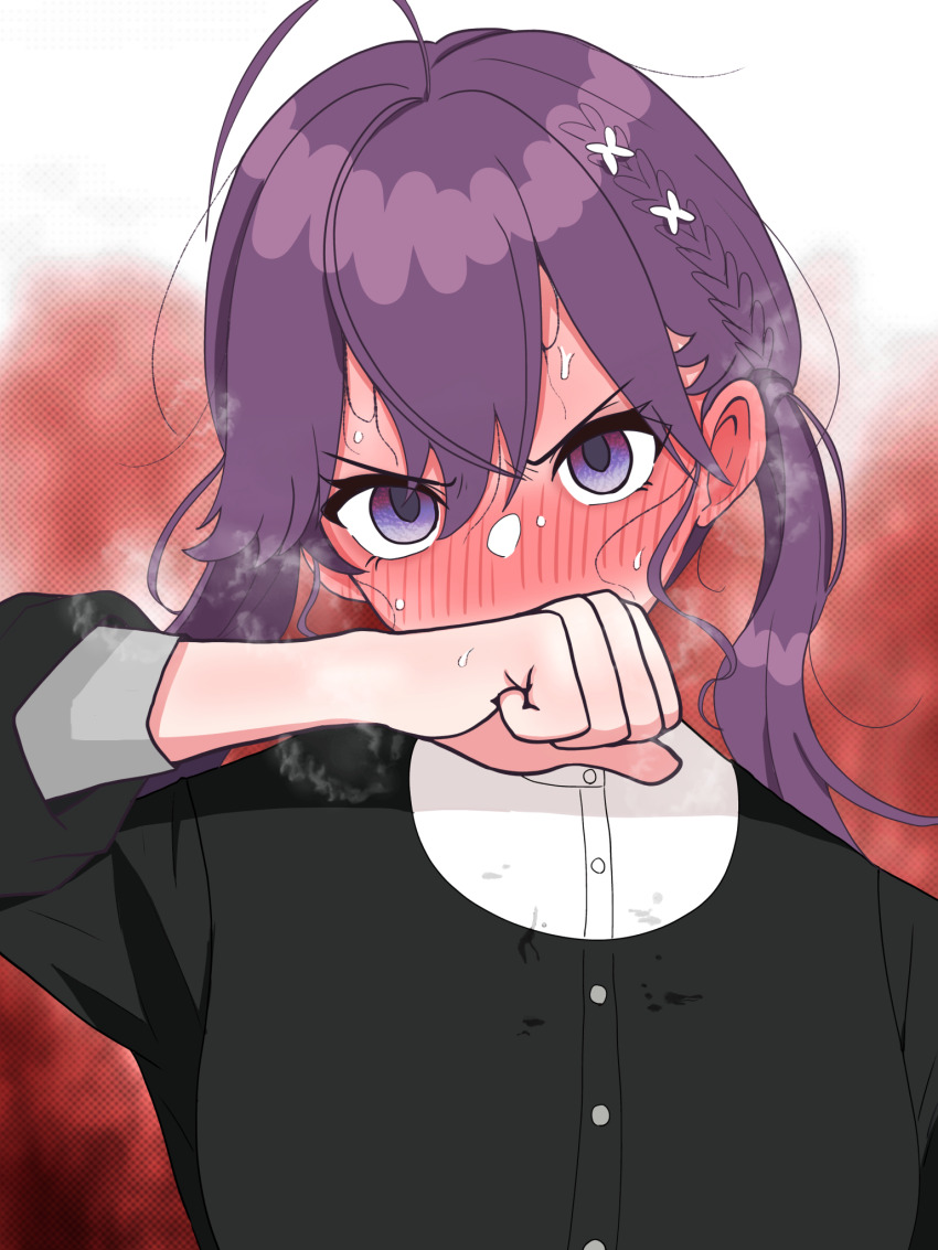 1girl ahoge black_jacket blush braid butterfly_hair_ornament clenched_hand commentary_request covered_mouth gakuen_idolmaster gokugetsu_academy_school_uniform hair_ornament highres hondy_(user_gcxa2842) idolmaster jacket kaya_rinha looking_at_viewer nose_blush purple_hair school_uniform shirt solo steam sweat twintails upper_body white_shirt