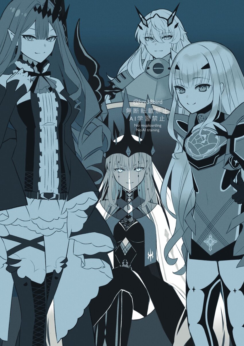 4girls baobhan_sith_(fate) baobhan_sith_(first_ascension)_(fate) barghest_(fate) barghest_(first_ascension)_(fate) commentary_request crown faerie_knights_(fate) fate/grand_order fate_(series) hair_between_eyes highres long_hair looking_at_viewer melusine_(fate) melusine_(first_ascension)_(fate) morgan_le_fay_(fate) morgan_le_fay_(queen_of_winter)_(fate) multiple_girls nakanohiro ponytail sitting smile spikes veil