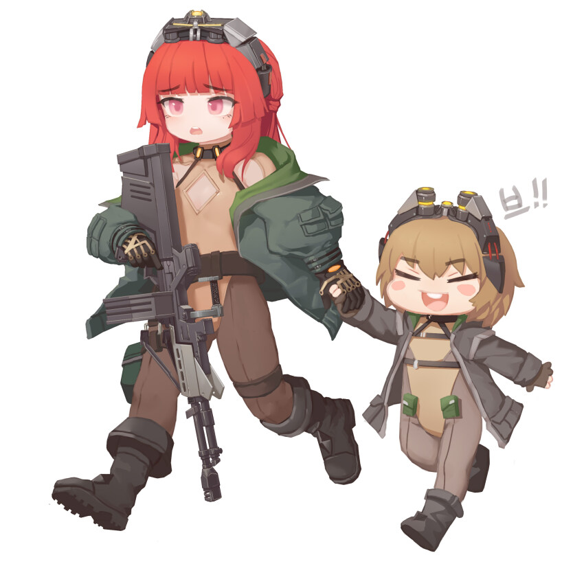 2girls aged_down black_footwear black_gloves blunt_bangs blush boots brown_hair brown_leotard brown_pantyhose brownie_(last_origin) child cleavage_cutout closed_eyes clothing_cutout commentary flat_chest gloves goggles goggles_on_head green_jacket greentree grey_jacket gun hair_between_eyes heavy_machine_gun highres holding holding_gun holding_hands holding_weapon jacket korean_text last_origin leotard leprechaun_(last_origin) long_sleeves looking_ahead machine_gun medium_hair multiple_girls open_clothes open_jacket open_mouth pantyhose partially_fingerless_gloves red_eyes red_hair short_hair sidelocks simple_background smile teeth upper_teeth_only walking weapon white_background
