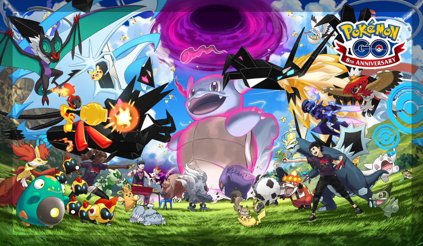 1girl 3boys annihilape anniversary arm_cannon armarouge artist_request axew balloon baxcalibur bellibolt black_hair blonde_hair blue_sky bombirdier border brown_hair ceruledge cetoddle chair cloud cooking copyright_name cosplay_pikachu crocalor dark-skinned_female dark_skin delphox dubwool dynamax falinks female_protagonist_(pokemon_go) fire floragato gen_1_pokemon gen_5_pokemon gen_6_pokemon gen_7_pokemon gen_8_pokemon gengar grass greavard greedent grill grilling grookey highres hisuian_decidueye holding holding_poke_ball holding_tongs legendary_pokemon logo long_hair male_protagonist_(pokemon_go) morpeko morpeko_(full) multiple_boys necrozma necrozma_(dawn_wings) necrozma_(dusk_mane) nintendo noivern official_art on_chair open_mouth pawmo pikachu pikachu_phd pointing poke_ball poke_ball_(basic) pokemon pokemon_go pokestop scorbunny short_hair skwovet sky sobble standing standing_on_chair tongs transparent_border very_short_hair wartortle weapon