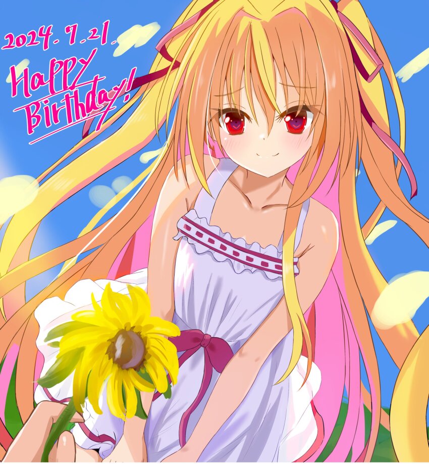 1girl armpit_crease blonde_hair closed_mouth dot_nose eyebrows eyelashes hair_between_eyes highres irotoridori_no_sekai long_hair looking_at_viewer nikaidou_shinku red_eyes red_ribbon ribbon sakuratoru solo