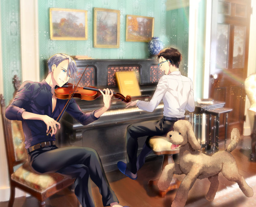 2boys belt black_hair blue-framed_eyewear blue_eyes bow_(music) carpet chair closed_eyes collared_shirt crossed_legs dog glasses hair_slicked_back highres instrument katsuki_yuuri kuroemon light_particles makkachin male_focus multiple_boys music open_mouth painting_(object) piano piano_bench playing_instrument shirt silver_hair sitting slippers smile upright_piano vase viktor_nikiforov violin yuri!!!_on_ice