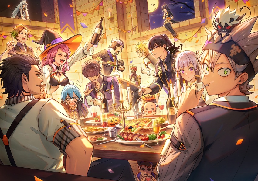 6+boys 6+girls asta_(black_clover) black_bulls black_bulls_(emblem) black_clover black_hair black_jacket black_vest blonde_hair blue_hair bottle brown_hair charmy_pappitson collared_shirt confetti everyone familiar finral_roulacase food gauche_adlai gordon_agrippa grey_(black_clover) grey_hair halloween happy_halloween hat henry_legolant highres holding holding_bottle jacket liebe_(black_clover) long_hair long_sleeves looking_at_another looking_at_viewer luck_voltia magna_swing multiple_boys multiple_girls nacht_faust necktie noelle_silva pink_hair plate pumpkin red_hair secre_swallowtail shirt short_hair short_sleeves table tsugutoku vanessa_enoteca vest witch_hat yami_sukehiro zora_ideale