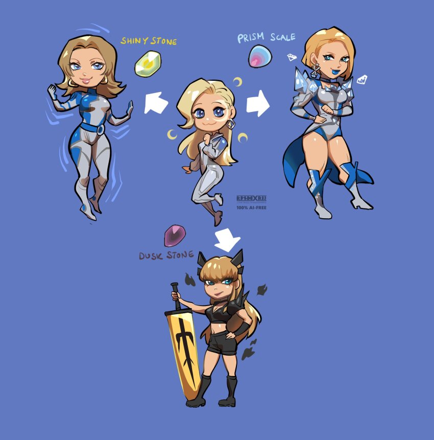 4girls blonde_hair blue_bodysuit blue_eyes blue_lips bodysuit breasts cleavage cleavage_cutout clothing_cutout color_connection creatures_(company) crescent crescent_facial_mark crop_top dagger_(marvel) earrings emma_frost evolution_stone evolutionary_line facial_mark fantastic_four female_focus game_freak hair_color_connection highres holding holding_sword holding_weapon huge_weapon jewelry long_hair looking_at_viewer magik_(x-men) makeup marvel marvel_rivals midriff moon_tattoo multiple_girls nintendo parody pokemon randgris short_hair short_shorts shorts strstyler sue_storm sword trait_connection weapon white_bodysuit x-men