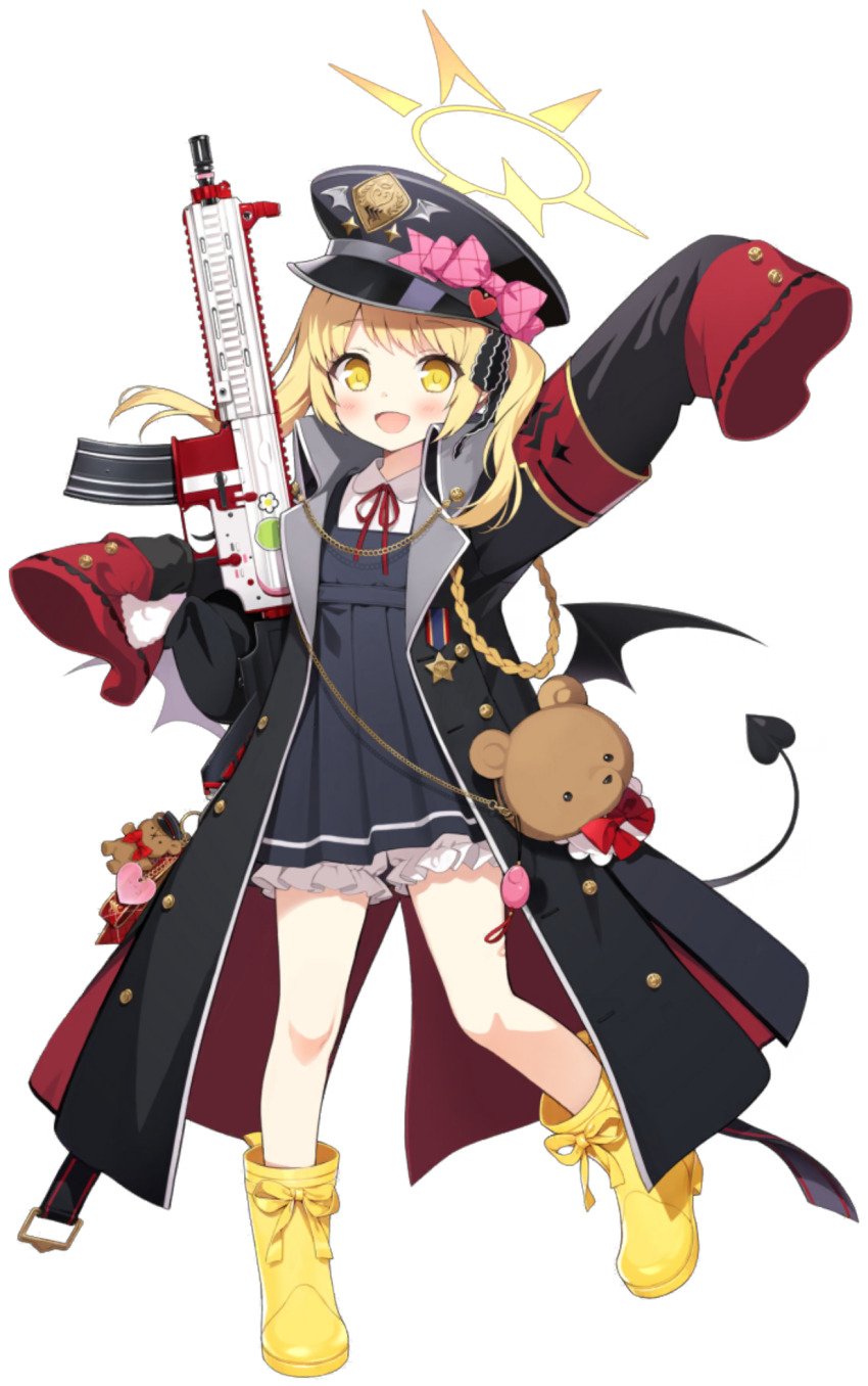 1girl arm_up armband assault_rifle blonde_hair blue_archive blush boots byulzzi demon_tail full_body gun h&amp;k_hk416 halo hat highres ibuki_(blue_archive) jacket long_sleeves looking_at_viewer medium_hair military_hat official_art rifle school_uniform solo tail transparent_background weapon wings yellow_boots yellow_eyes