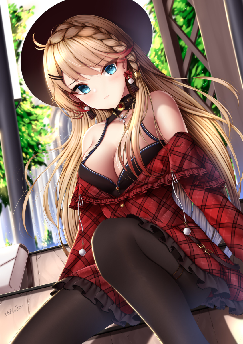 1girl azur_lane bare_shoulders black_pantyhose blonde_hair blue_eyes blush braid breasts choker cleavage earrings flower hair_ornament hairclip hat highres howe_(azur_lane) howe_(noble_rouge)_(azur_lane) jewelry large_breasts long_hair looking_at_viewer multicolored_hair necklace pantyhose plaid red_hair red_ribbon ribbon sidelocks sitting sleeveless solo two-tone_hair wsman
