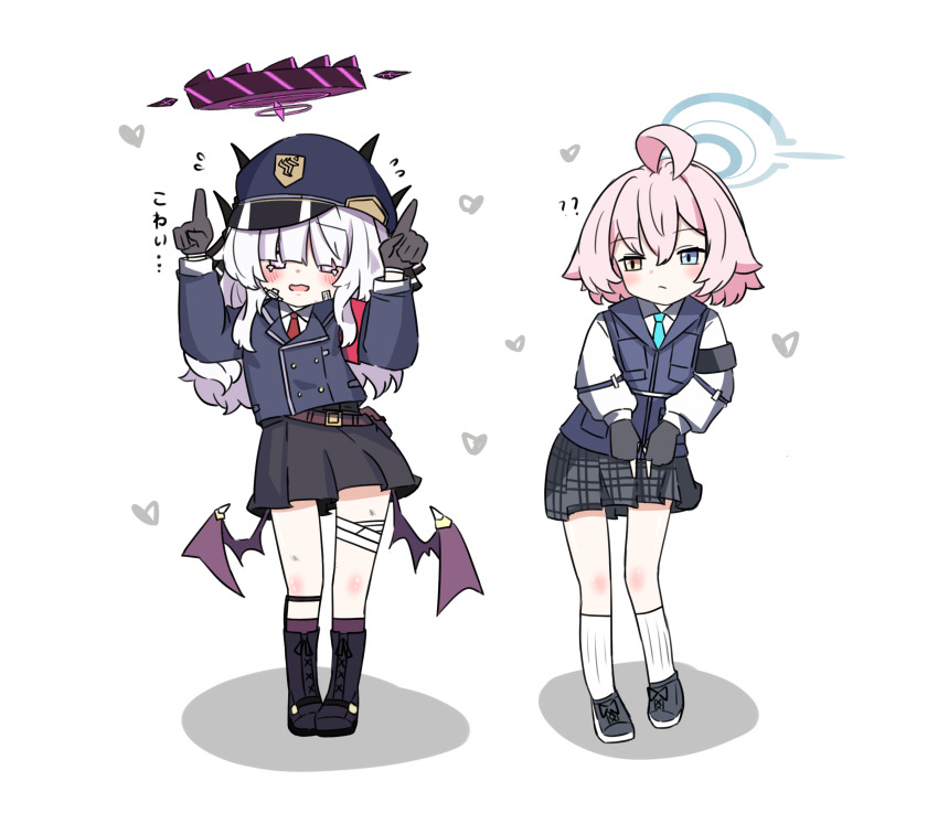 2girls ahoge armband black_armband black_gloves black_halo black_horns black_skirt blue_archive blue_eyes blue_hat bulletproof_vest collared_shirt cosplay demon_girl demon_horns demon_wings e_v_e_neko gloves grey_hair grey_skirt hair_over_eyes halo hat heterochromia highres hina_(blue_archive) horns hoshino_(blue_archive) hoshino_(first_year)_(blue_archive) huge_ahoge internet_yamero long_hair long_sleeves low_wings miniskirt multiple_girls multiple_horns pink_hair pink_halo plaid_clothes plaid_skirt pleated_skirt police_hat prefect_team_member_(blue_archive) prefect_team_member_(blue_archive)_(cosplay) red_armband shirt short_hair skirt socks utility_vest vest white_shirt white_socks wings yellow_eyes