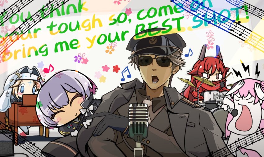 1boy 1girl 4girls black_dress black_gloves blonde_hair blue_eyes braid brown_eyes brown_hair brown_jacket coat colored_inner_hair cross cross_necklace cross_tattoo dorothy_(nikke) dress drum drum_set drumsticks facial_mark forehead_mark forehead_tattoo gloves goddess_of_victory:_nikke habit hair_between_eyes hair_bun hat headgear horns instrument jacket jewelry liliweiss_(nikke) long_hair mechanical_horns microphone military_coat military_hat military_jacket military_uniform mo_na_ka multicolored_hair multiple_girls music musical_note necklace necktie nun peaked_cap piano pink_hair playing_instrument rapunzel_(nikke) red_hair red_hood_(nikke) red_jacket red_scarf robe scarf short_hair singing tattoo the_legendary_commander_(nikke) veil very_long_hair white_gloves white_hair white_necktie white_robe white_veil