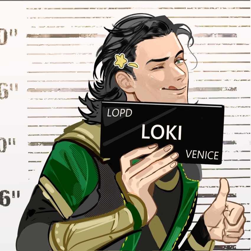 1boy barbie_mugshot_(meme) black_coat black_hair black_shirt character_name coat fingernails green_eyes hands_up highres holding holding_sign lapels loki_(marvel) long_sleeves looking_at_viewer male_focus marvel marvel_cinematic_universe medium_hair meme mugshot one_eye_closed open_clothes open_coat shirt sign smile solo star_(symbol) thumbs_up tongue tongue_out upper_body wuhen678