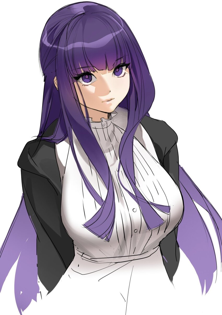 1girl breasts closed_mouth dress fern_(sousou_no_frieren) highres large_breasts long_hair long_sleeves purple_eyes purple_hair serpent_(pepepp39) simple_background solo sousou_no_frieren white_dress