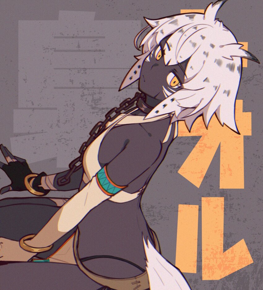 1girl asymmetrical_gloves back beagle bikini black_gloves breasts closed_mouth colored_skin commentary_request cowboy_shot dark_skin elbow_gloves expressionless fingerless_gloves gloves grey_background grey_skin hair_horns highres kokuya_(kokuya28) looking_at_viewer mismatched_gloves original short_hair single_elbow_glove small_breasts solo swimsuit tail tooru_(kokuya28) very_dark_skin white_bikini white_gloves white_hair yellow_eyes