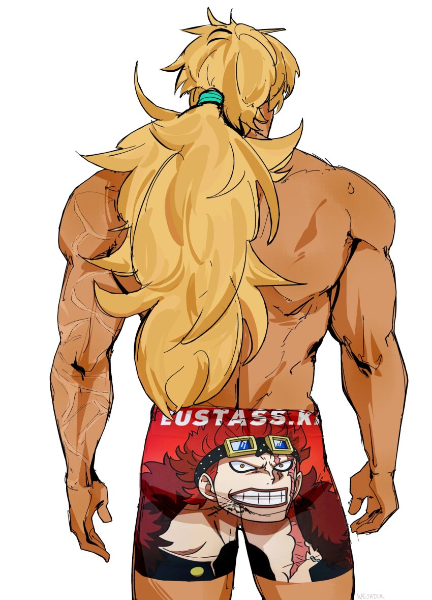 1boy back back_focus bara blonde_hair character_print character_print_underwear_(one_piece) cowboy_shot eustass_kid facing_away from_behind highres killer_(one_piece) long_hair male_focus male_underwear muscular muscular_male one_piece print_male_underwear solo standing underwear very_long_hair wesaier
