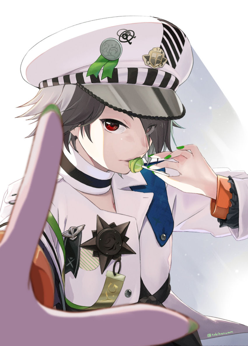 1girl black_choker candy choker coat_of_arms commentary diagonal-striped_clothes diagonal-striped_hat food foreshortening green_nails green_ribbon grey_hair hair_over_one_eye hat highres holding holding_candy holding_food holding_lollipop idol_clothes insignia isabella_(love_live!) jacket lollipop long_sleeves looking_at_viewer love_live! love_live!_school_idol_festival military_hat military_uniform peaked_cap perspective reaching reaching_towards_viewer red_eyes ribbon short_hair shoulder_boards solo star_(symbol) striped_clothes tokiharu twitter_username upper_body white_choker white_hat white_jacket