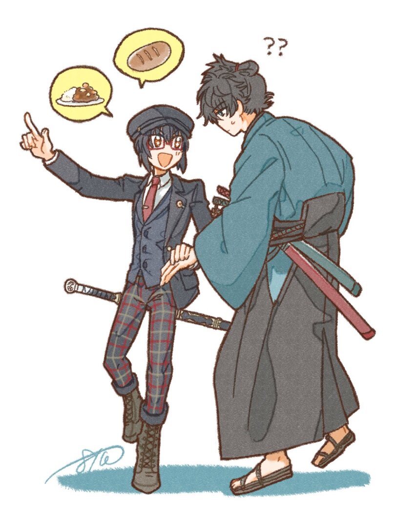 1boy 1other ? ?? androgynous ankle_boots batoson54 black_hair black_hakama blue_eyes blue_kimono boots bread newsboy_cap collared_shirt curry curry_rice fate/grand_order fate/samurai_remnant fate_(series) food glasses hakama hat highres jacket japanese_clothes katana kimono miyamoto_iori_(fate) necktie orange_eyes pants plaid plaid_clothes plaid_pants red_necktie rice sheath sheathed shirt sparkle suit_jacket sweat sword sword_on_back topknot vest waraji weapon weapon_on_back white_shirt yamato_takeru_(fate) yamato_takeru_(second_ascension)_(fate)