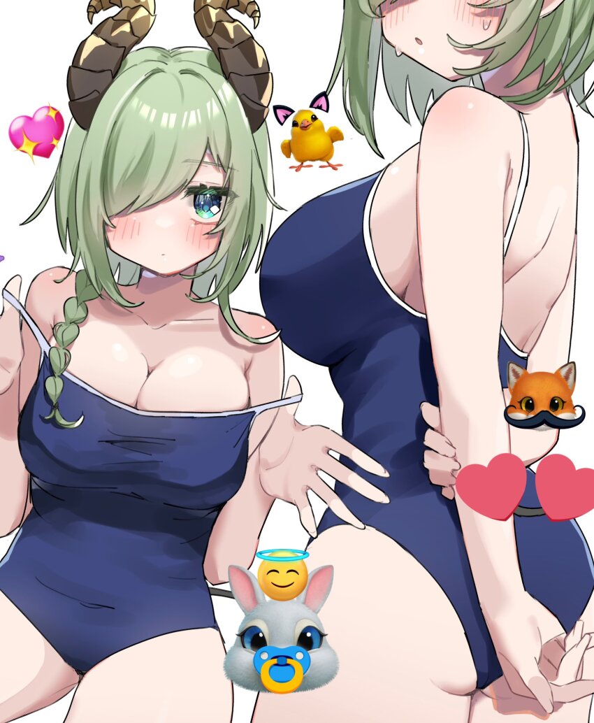 1girl alternate_costume arms_behind_back ass back bird blue_eyes blue_one-piece_swimsuit blush braid breasts brown_horns chicken cleavage closed_mouth commentary_request cowboy_shot curled_horns demon_girl demon_horns demon_tail emoji expressionless green_hair hair_between_eyes hair_over_one_eye halo heart highres holding_own_arm horns large_breasts long_bangs long_hair looking_at_viewer multiple_views nanashi_inc. one-piece_swimsuit open_mouth sekishiro_mico side_braid sideboob simple_background single_braid swimsuit tail tamotsu_(mary) virtual_youtuber wedgie white_background