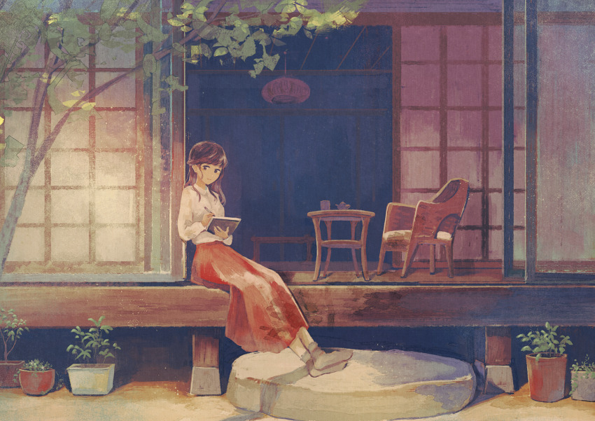 1girl architecture brown_eyes brown_hair building chair collared_shirt commentary_request east_asian_architecture flower_pot from_outside harucoro25 highres holding holding_notebook holding_pen light_smile long_hair long_skirt looking_to_the_side notebook original pen plant potted_plant red_skirt shirt shouji sitting skirt sliding_doors socks table teapot tree white_shirt wide_shot writing