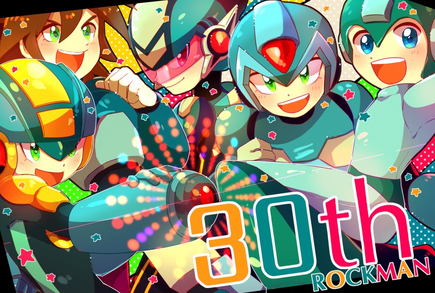 5boys anniversary arm_cannon blue_eyes blush brown_hair capcom confetti copyright_name green_eyes helmet highres hoshikawa_subaru jumping mega_man_(character) mega_man_(classic) mega_man_(series) mega_man_battle_network mega_man_legends_(series) mega_man_star_force_(series) mega_man_volnutt mega_man_x_(series) megaman.exe multiple_boys open_mouth smile teeth text_focus weapon x_(mega_man)