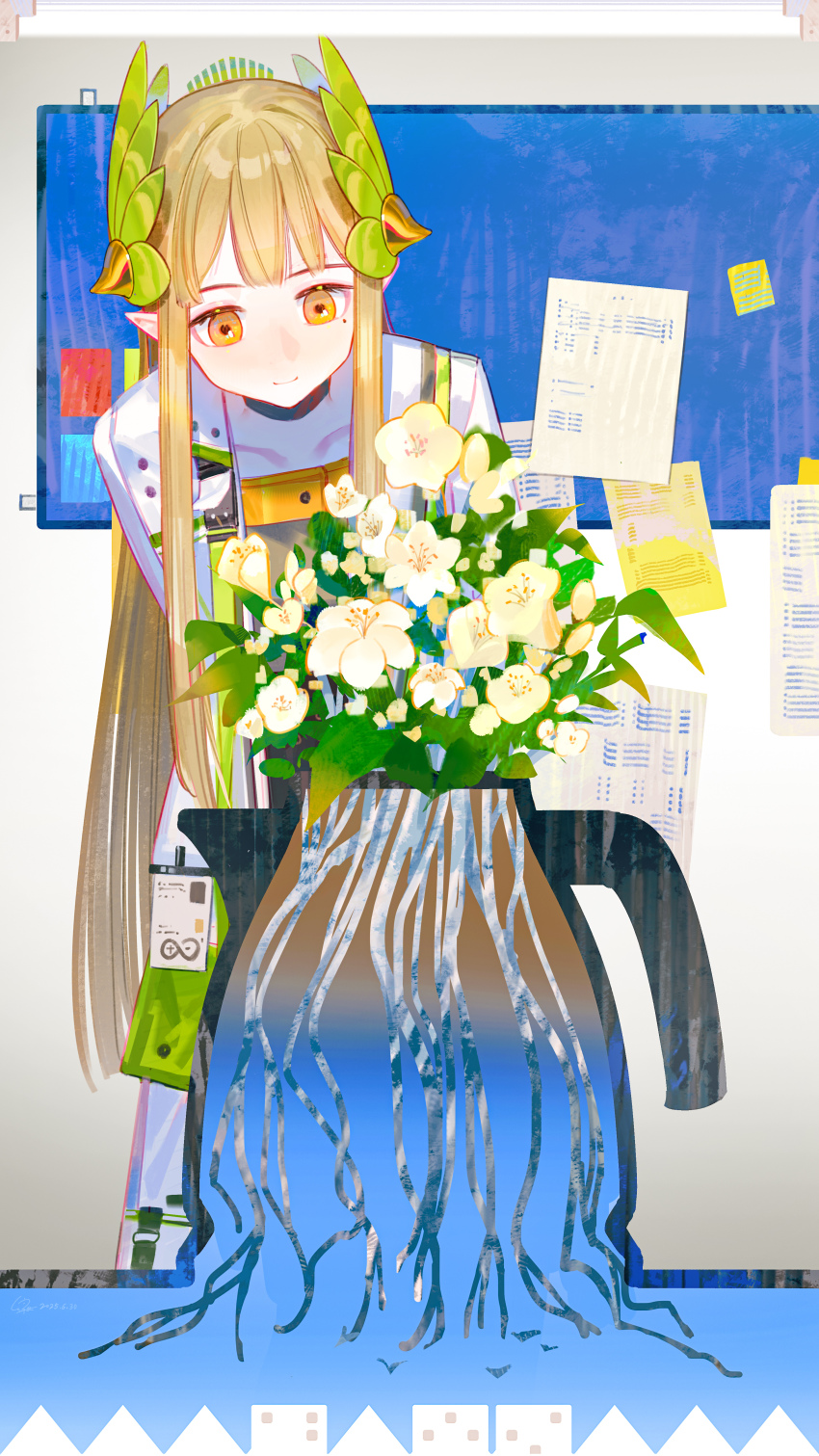 1girl absurdres arknights black_choker blonde_hair choker closed_mouth coat collarbone commentary elf english_commentary flower highres lab_coat leaning leaning_forward long_hair looking_down lyuqiu mole mole_under_eye muelsyse_(arknights) open_clothes open_coat paper plant plant_roots pointy_ears rhine_lab_logo sidelocks smile solo surreal white_coat yellow_eyes yellow_flower