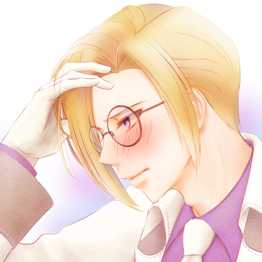1boy adam&#039;s_apple azu_rin_go black-framed_eyewear blonde_hair blush bokujou_monogatari bokujou_monogatari:_mittsu_no_sato_no_taisetsuna_tomodachi collared_shirt curtained_hair embarrassed ford_(bokujou_monogatari) furrowed_brow glasses gloves gradient_background half-closed_eyes hand_in_own_hair highres lab_coat male_focus necktie portrait purple_background purple_eyes purple_shirt round_eyewear shirt short_hair side_part solo white_background white_gloves white_necktie wing_collar