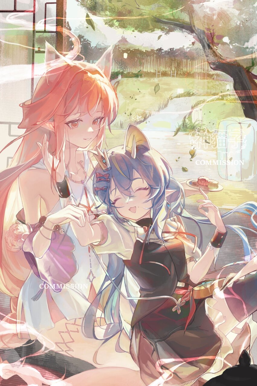 2girls animal_ears black_skirt black_thighhighs black_wrist_cuffs blue_hair breasts cat_ears cat_girl character_request closed_eyes collarbone commission falling_leaves flower food grin highres holding holding_plate leaf long_hair multiple_girls pink_eyes pink_flower pink_rose plate pointy_ears red_hair rose shirt short_sleeves sidelocks sitting skirt sleeveless sleeveless_shirt smile teeth thighhighs tree white_shirt white_sleeves wrist_cuffs wusubamineko