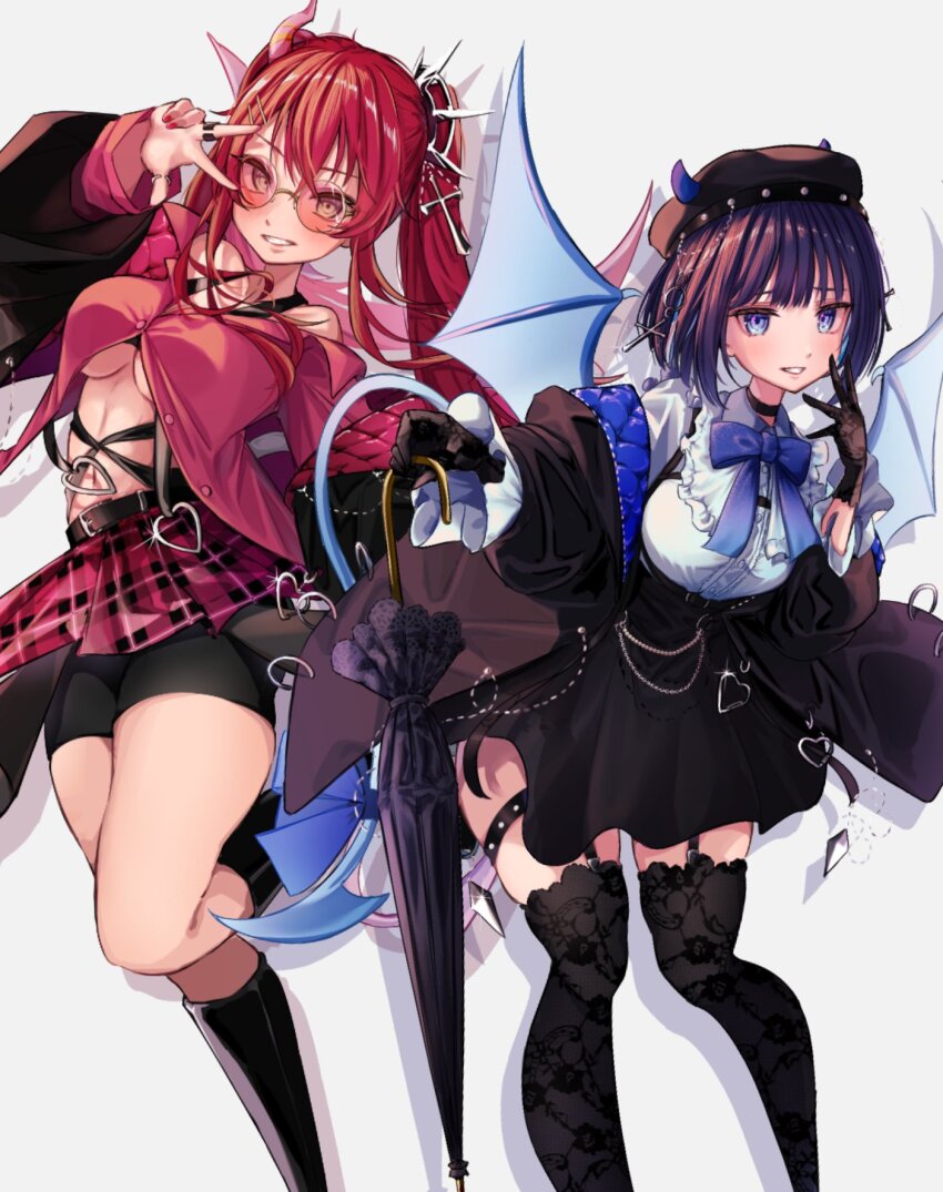 2girls alternate_costume bare_shoulders black_boots black_coat black_gloves black_shorts black_skirt black_thighhighs blue_eyes blue_hair blue_wings boots breasts cleavage coat demon_girl demon_wings duel_monster evil_twin_ki-sikil evil_twin_lil-la garter_straps gloves green_eyes highres holding holding_umbrella ki-sikil_(yu-gi-oh!) large_breasts lil-la_(yu-gi-oh!) long_hair multiple_girls off_shoulder pink_shirt puyo4996 red-tinted_eyewear red_hair red_skirt red_wings shirt short_hair shorts simple_background skirt sunglasses thigh_strap thighhighs tinted_eyewear twintails umbrella underboob w white_background white_shirt wings yu-gi-oh!