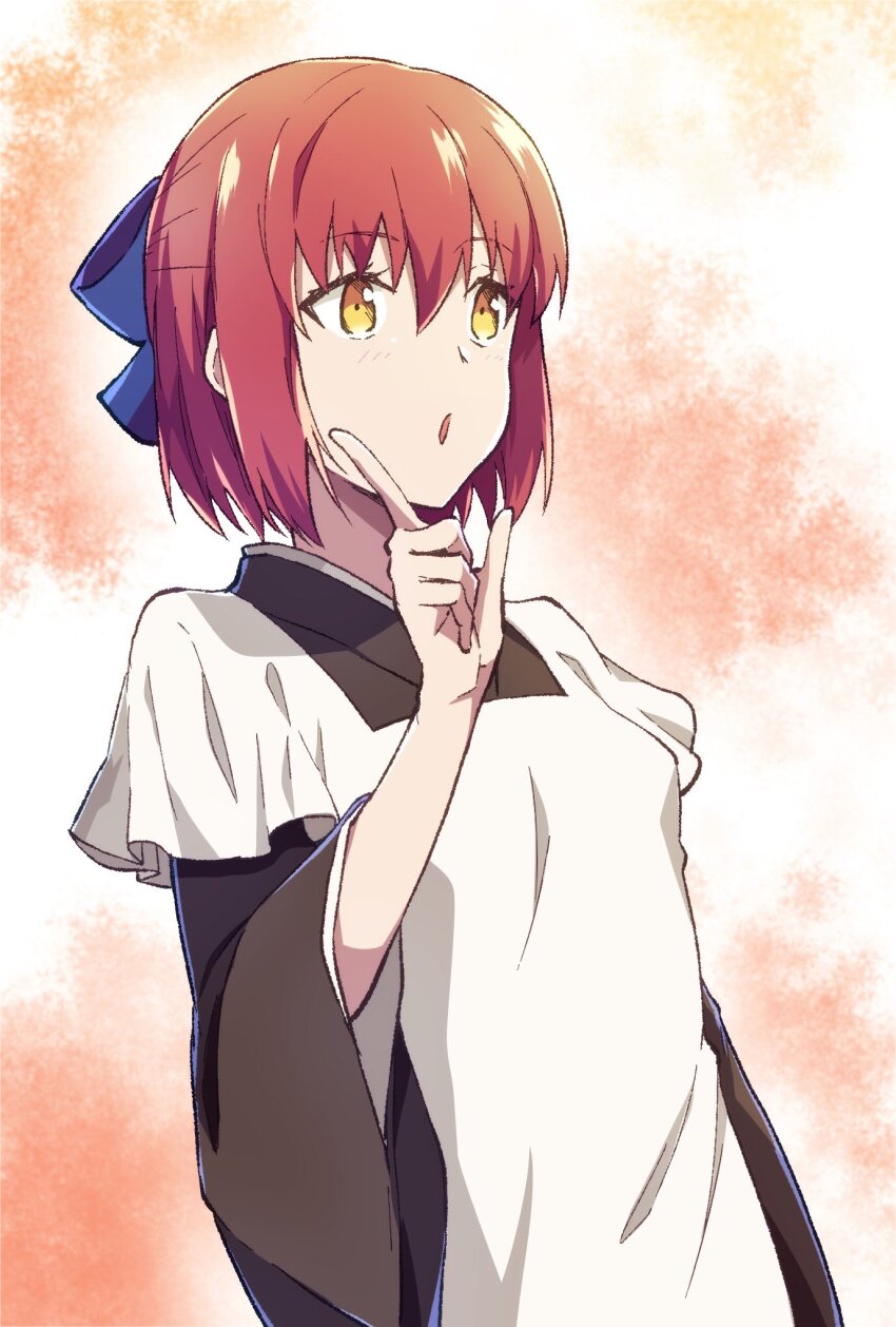 1girl :o apron azami_masurao blue_ribbon blush brown_kimono commentary_request hair_between_eyes hair_ribbon half_updo highres index_finger_raised japanese_clothes kimono kohaku_(tsukihime) maid maid_apron red_hair ribbon short_hair solo tsukihime wa_maid white_apron wide_sleeves yellow_eyes
