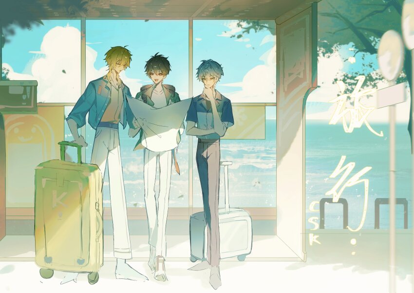 3boys absurdres ahoge blonde_hair blue_jacket blue_shirt blue_sky blurry blurry_foreground brown_hair bus_stop closed_mouth ensemble_stars! grey_hair grey_pants hair_between_eyes hakaze_kaoru hand_on_own_chin highres holding holding_map holding_suitcase jacket male_focus map medium_hair morisawa_chiaki multiple_boys ocean official_alternate_costume open_mouth outdoors panties pants ppzi567 red_eyes rolling_suitcase sena_izumi_(ensemble_stars!) shirt short_hair short_sleeves sign sky smile suitcase underwear white_panties