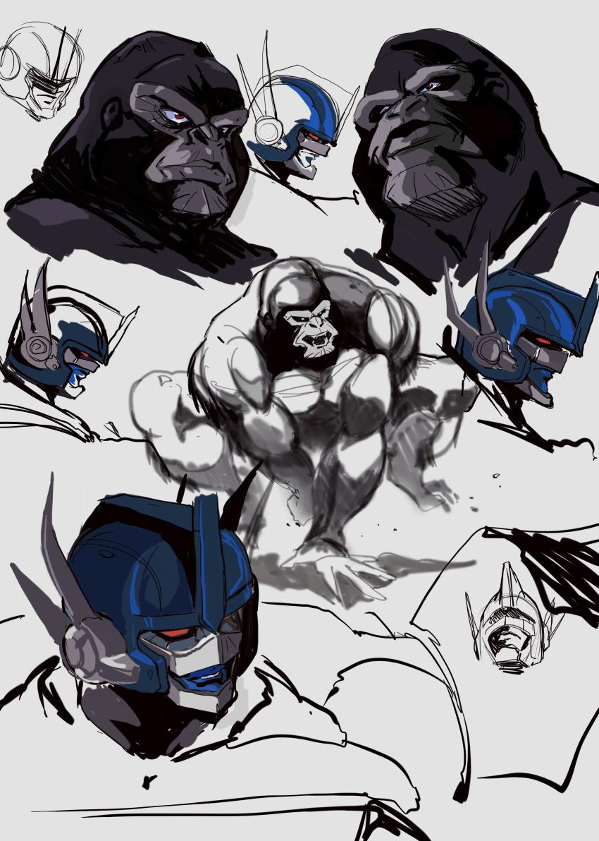 1boy absurdres beast_wars beast_wars:_transformers commentary english_commentary gorilla grey_background highres hinomars19 looking_to_the_side looking_up maximal mecha multiple_views open_mouth optimus_primal red_eyes robot sketch transformers