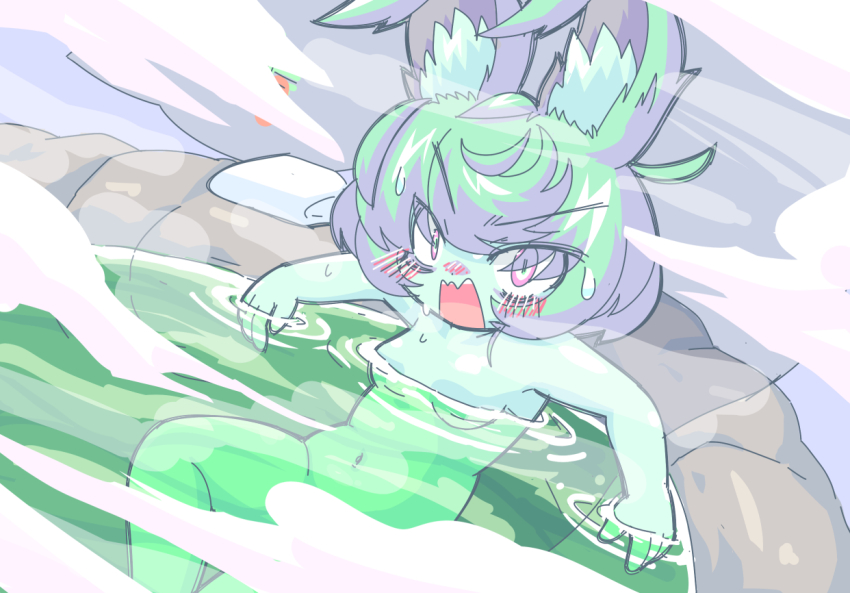 1girl animal_ears blush breasts chibi colored_skin completely_nude convenient_censoring dot_nose embarrassed eyebrows feet_out_of_frame female_focus from_above green_hair green_skin kayo!!_(gotoran) league_of_legends looking_at_viewer looking_to_the_side looking_up navel nude open_mouth pink_eyes scared screaming short_hair shortstack sitting small_breasts solo variant_set vex_(league_of_legends) water yordle