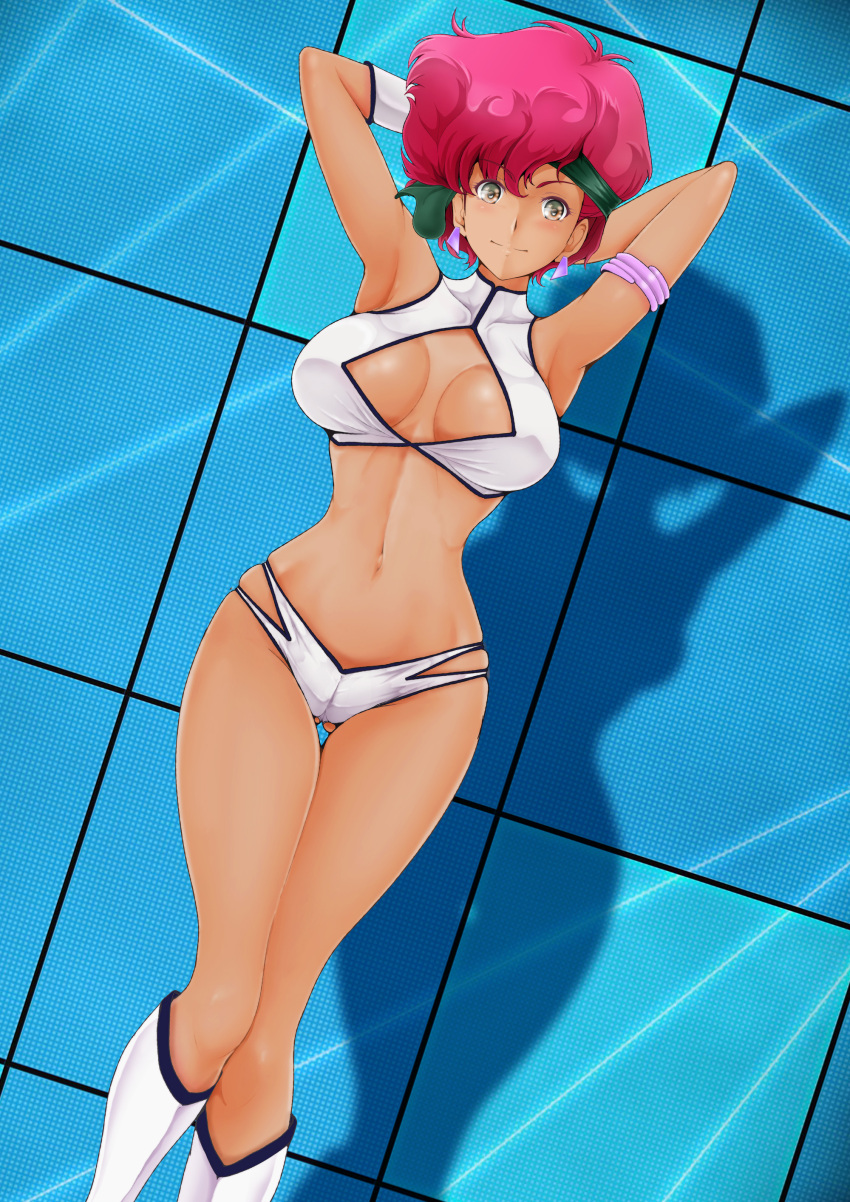 1girl absurdres armlet armpits arms_behind_head arms_up bare_shoulders bikini boots breasts brown_eyes cleavage closed_mouth commentary_request covered_collarbone crop_top dark-skinned_female dark_skin dirty_pair earrings elbow_gloves gloves gluteal_fold headband highleg highleg_panties highres jewelry kei_(dirty_pair) knee_boots large_breasts looking_at_viewer medium_hair midriff nanashi_noiji navel panties red_hair shadow simple_background single_glove sleeveless smile solo stomach swimsuit thighs turtleneck underwear white_bikini