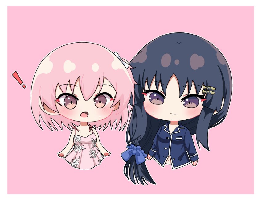 ! 2girls arms_at_sides assault_lily bare_arms bare_shoulders black_hair blue_bow blue_pajamas blue_scrunchie blush border bow breast_pocket buttons chibi closed_mouth cropped_torso dress floral_print hair_bow hair_ornament hair_scrunchie hairclip hashtag-only_commentary highres hitotsuyanagi_riri long_hair long_sleeves looking_at_another low_ponytail midriff_peek multiple_girls navel notice_lines official_alternate_costume official_alternate_hairstyle one_side_up open_mouth pajamas partially_unbuttoned pink_background pink_dress pink_eyes pink_hair pocket ponytail print_dress purple_eyes scrunchie shirai_yuyu short_hair side_ponytail simple_background sleeveless sleeveless_dress sleeves_past_wrists spaghetti_strap sweatdrop upper_body white_border white_bow yui_(yui1115_)