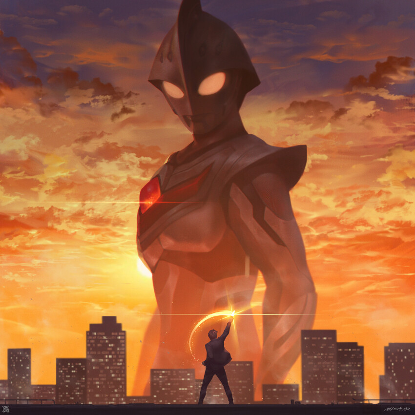2boys alien arm_up black_jacket black_pants brown_hair building city cityscape cloud cloudy_sky color_timer colored_skin commentary commentary_request dorsal_fin english_commentary evoltruster from_behind hand_up highres himeya_jun holding jacket lens_flare looking_at_another male_focus mixed-language_commentary multicolored_skin multiple_boys outdoors pants red_skin signature silver_skin sky smear_frame sun sunset tokusatsu tsuburaya_productions ultra_series ultraman_nexus ultraman_nexus_(series) ultraman_nexus_junis wind xiaoguimist yellow_eyes