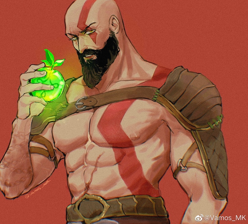 1boy apple bald bara beard collarbone commentary english_commentary facial_hair food fruit god_of_war_ragnarok green_apple highres holding holding_food holding_fruit kratos_(god_of_war) looking_at_viewer male_focus muscular muscular_male navel nipples parted_lips pectorals red_background scar scar_on_stomach solo vamos_mk
