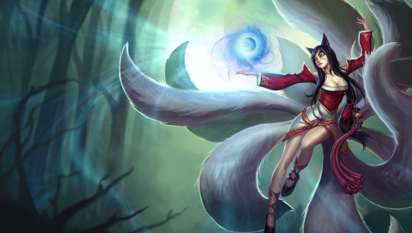 1girl ahri_(league_of_legends) black_hair breasts cleavage detached_sleeves female_focus fox fox_tail fur kienan_lafferty kitsune korean_clothes kyuubi large_breasts league_of_legends long_hair moon multiple_tails official_art solo tail