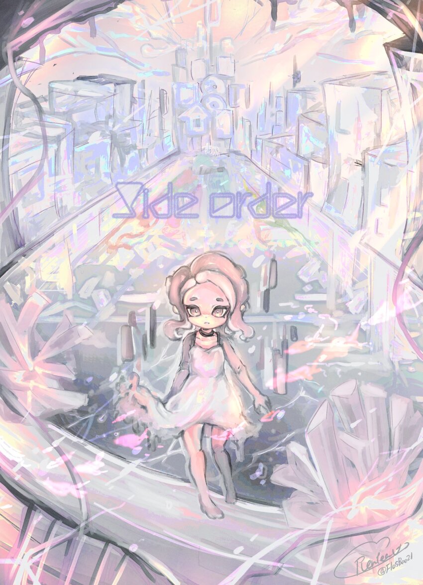 1girl bare_arms bare_legs bare_shoulders barefoot black_choker brown_eyes bubble choker cityscape commentary copyright_name crystal dress english_commentary english_text expressionless fish floating_clothes flying_fish full_body highres ho2yrentea light_rays long_hair looking_at_viewer medium_dress nintendo octoling_girl octoling_player_character parted_lips pink_hair pink_sky river signature sky sleeveless sleeveless_dress solo splatoon_(series) splatoon_3 splatoon_3:_side_order standing sundress sunlight sunrise tentacle_hair twitter_username white_dress