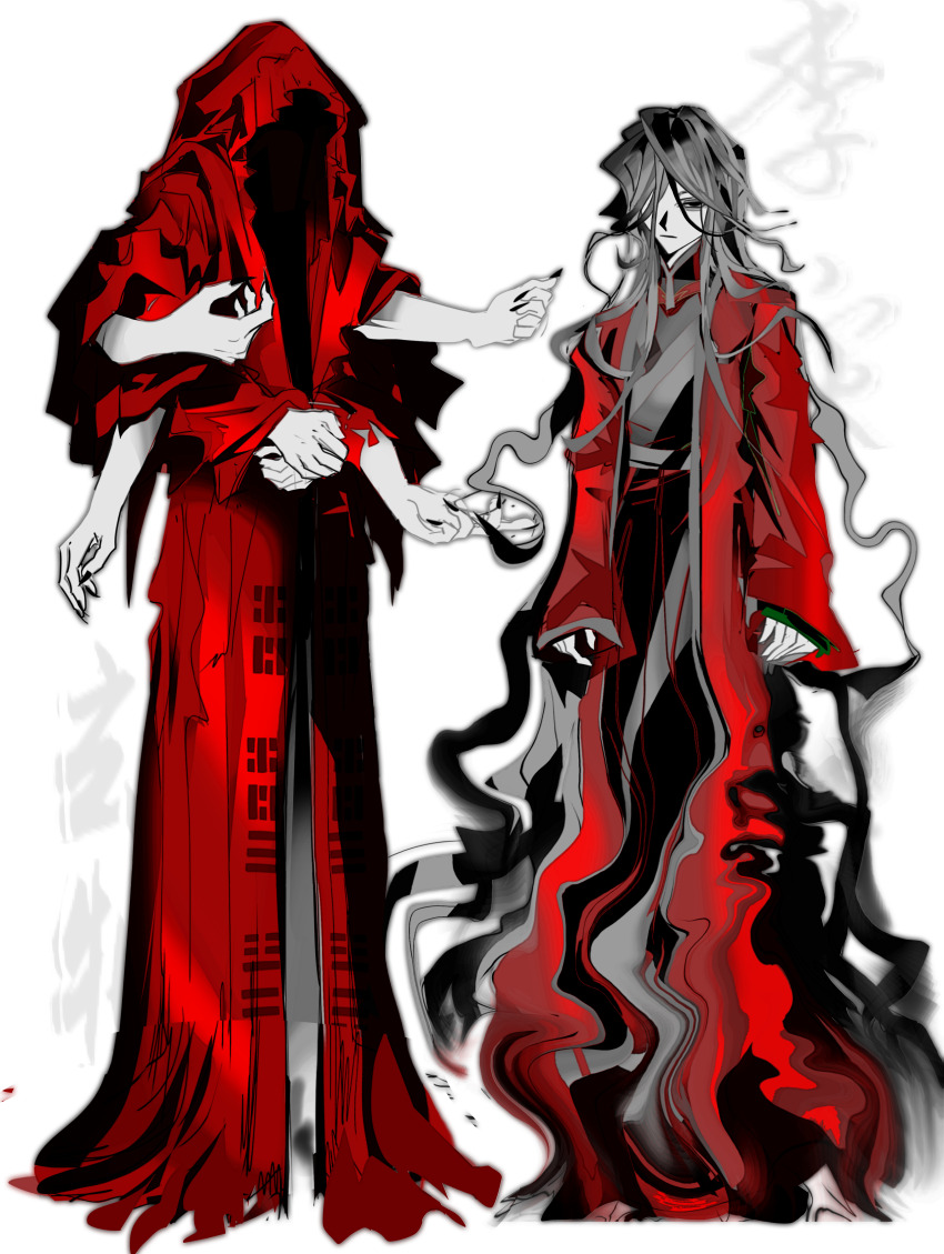 1boy 1other absurdly_long_hair absurdres black_eyes black_hair black_hanfu black_nails character_name chinese_clothes chinese_text cloak coat curly_hair dao_gui_yi_xian extra_arms fingernails full_body hair_over_one_eye hanfu highres holding hood hood_up hooded_cloak ji_zai li_huowang limited_palette long_hair long_sleeves male_focus monochrome monster nail_polish official_alternate_hair_length official_alternate_hairstyle red_cloak red_coat red_theme renjianshitou robe sharp_fingernails simple_background smoke spot_color standing swirl tentacles very_long_hair white_background wide_sleeves xuan_pin