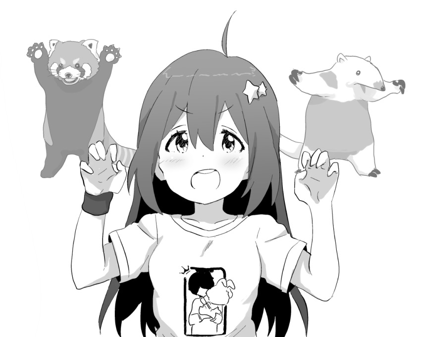1girl ahoge anteater blush claw_pose collarbone commentary dot_nose greyscale hair_between_eyes hair_ornament hands_up idolmaster idolmaster_million_live! long_hair looking_at_viewer minazuki_tooru mochizuki_anna monochrome open_mouth print_shirt red_panda shirt short_sleeves sidelocks star_(symbol) star_hair_ornament t-shirt teeth upper_body upper_teeth_only v-shaped_eyebrows white_background wristband