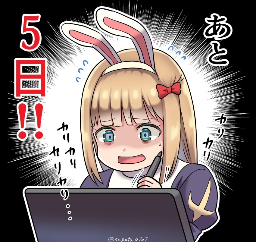 1girl animal_ears bags_under_eyes blonde_hair blue_eyes bow commentary_request drawing_tablet dress fake_animal_ears flying_sweatdrops grey_dress hair_bow highres holding holding_pen long_hair open_mouth pen priest_(ragnarok_online) rabbit_ears ragnarok_online ragnarok_origin red_bow solo sugata_ubo translation_request upper_body