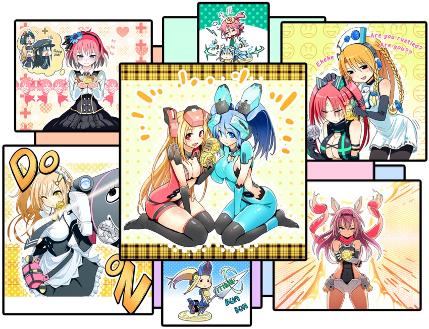 6+girls anger_vein animal_ears annoyed apron armor blonde_hair blue_eyes blue_hair braid brown_eyes cat_ears corona_cougar cosmic_break crimrose english_text flower gunbuster_pose hair_ornament heart ion_(cosmic_break) kuhl lance lazflamme lily_rain long_hair maid maid_apron maid_headdress mecha_musume medal mialy monica_gold multicolored_hair multiple_girls necktie nora_schneid pink_hair polearm polka_dot ponytail red_eyes red_hair rocket_launcher rouche rubbing scarf scope short_hair shorts skin_tight sleeping smile sound_effects speech_bubble thorns thought_bubble twintails two-tone_hair weapon winberrl yellow_eyes