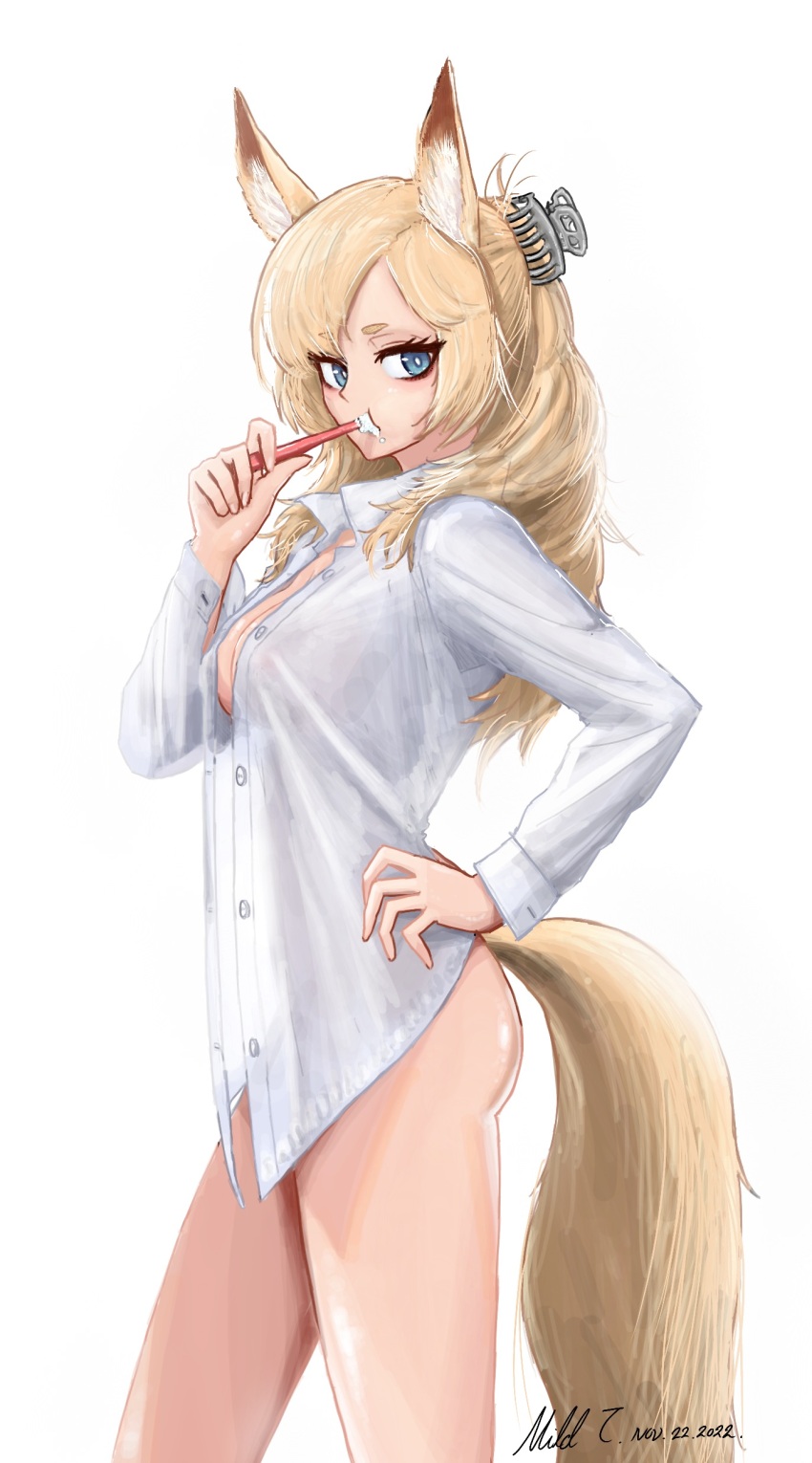 1girl absurdres alternate_costume animal_ears arknights blonde_hair blue_eyes breasts brushing_teeth claw_hair_clip cleavage collared_shirt commentary dated dress_shirt feet_out_of_frame from_side hand_on_own_hip highres holding holding_toothbrush horse_ears horse_girl horse_tail long_hair long_sleeves looking_at_viewer medium_breasts mildt naked_shirt open_clothes open_shirt parted_bangs see-through_silhouette shirt signature simple_background solo standing tail thighs toothbrush unbuttoned whislash_(arknights) white_background white_shirt