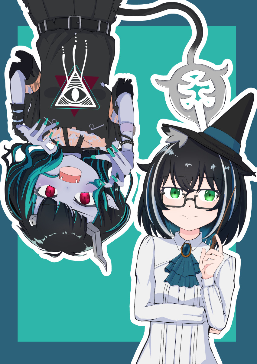 2girls absurdres ascot belt black-framed_eyewear black_belt black_dress black_hair black_hat blue_ascot blue_background blue_brooch blue_hair closed_mouth commentary_request cowboy_shot demon_girl demon_horns demon_tail dress eye_of_providence fangs flat_chest glasses green_eyes halloween hat highres holding holding_wand horns looking_at_viewer medium_hair multicolored_hair multiple_girls nanashi_inc. official_alternate_costume open_mouth oura_rukako outline pointy_ears red_eyes rokusuke_nonaka shishio_chris shishio_chris_(3rd_costume) short_hair short_sleeves simple_background smile streaked_hair tail tilted_headwear torn_clothes torn_dress two-tone_background two-tone_hair virtual_youtuber wand white_dress white_hair white_outline witch_hat zombification