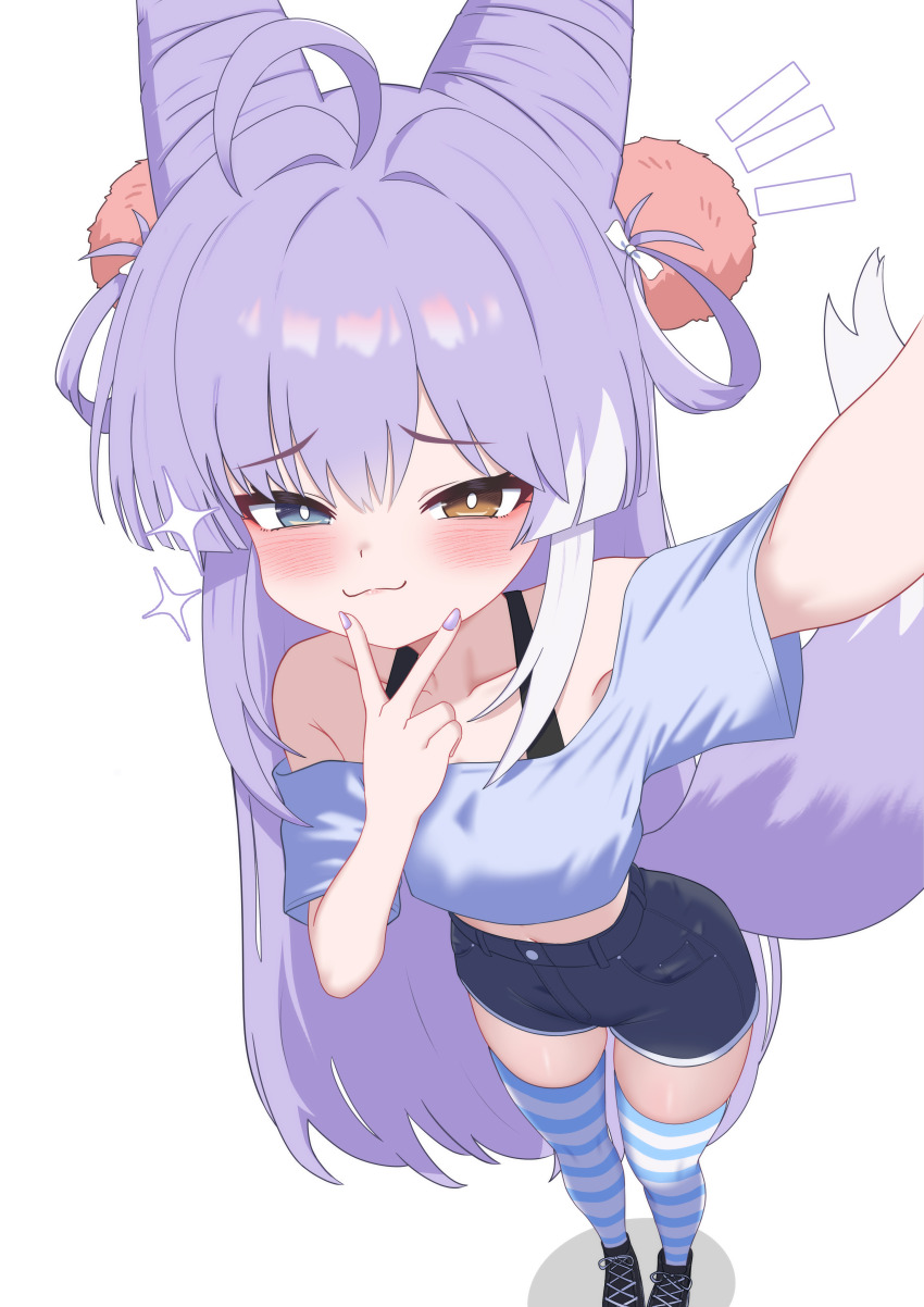 1girl :3 absurdres ahoge arm_up bare_shoulders black_shorts blue_eyes blue_shirt blue_thighhighs blush bra_strap bright_pupils closed_mouth cone_hair_bun crop_top cross-laced_shoes fox_tail hair_bun hair_ornament hair_rings hand_up heterochromia highres long_hair looking_at_viewer midriff multicolored_hair nail_polish off-shoulder_shirt off_shoulder oldsickkim outstretched_arm pom_pom_(clothes) pom_pom_hair_ornament purple_hair selfie shirt shoes short_shorts short_sleeves shorts simple_background smile smug solo sparkle stellive streaked_hair striped_clothes striped_thighhighs tail tenko_shibuki thighhighs v v_over_mouth very_long_hair virtual_youtuber white_background yellow_eyes